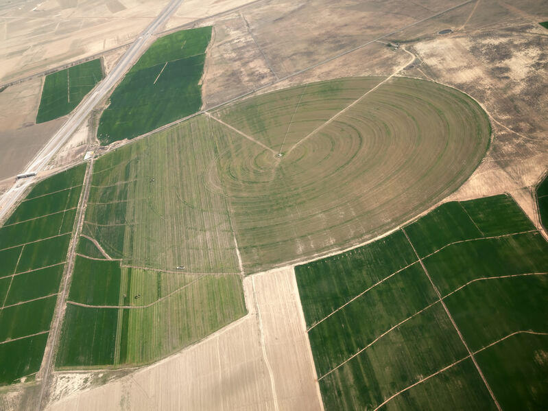 An aerial view of crop circle created in farm fields